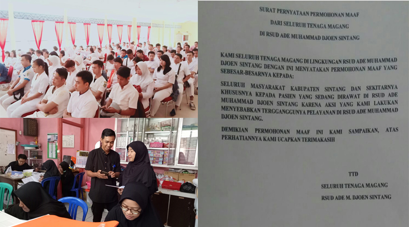 Poto Kiri Atas 131 Tenaga Magang Saat Audensi dengan Wakil Bupati.
Poto Kiri Bawah: Perawan, Bidan dan Dokter Menggunakan pakaian Serba Hitam Sebagai Bentuk Aksi Solidaritas
Poto Kanan: Surat Pernyataan Maaf Pada Pasien Maupun Masyarakat 