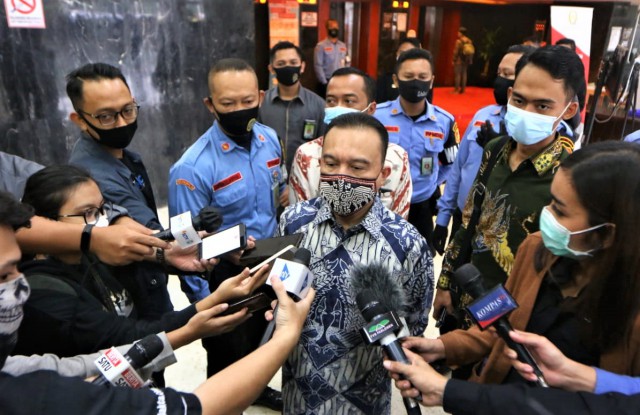 Wakil Ketua DPR RI Sufmi Dasco Ahmad di hadapan awak media, di Gedung Nusantara III DPR RI, Senayan, Jakarta, Kamis (16/7/2020), Foto : Yoga/Man