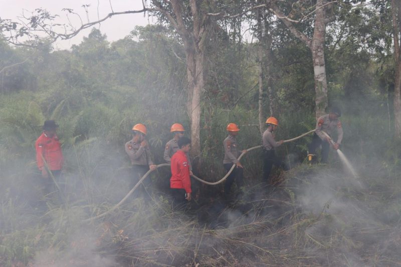 Polres Melawi bersama Manggala Agni Daerah Operasi XI/Sintang menunjukkan keseriusan dengan menggelar simulasi pemadaman karhutla di area belakang Polres Melawi, Kamis (29/1/2026). (Ist)