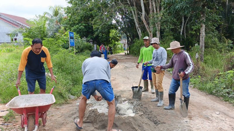 Warga Dusun Kuala Belian, saat sedang mengaduk semen untuk melakukan tambal sulam Jalan Iskandar Zeen. (Dedi Irawan)